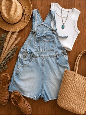 Vintage 90s Squeeze Denim Shortalls Light Wash Raw Hem Festival Boho